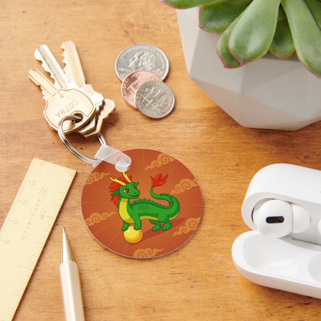 Green Chinese Dragon on Red Key Ring (Desk)
