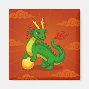 Green Chinese Dragon on Red Magnet
