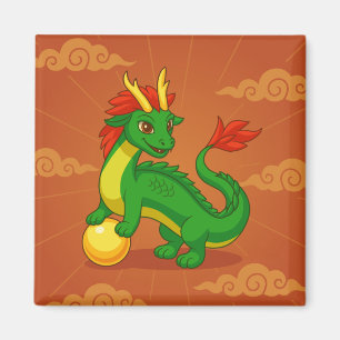 Green Chinese Dragon on Red Magnet