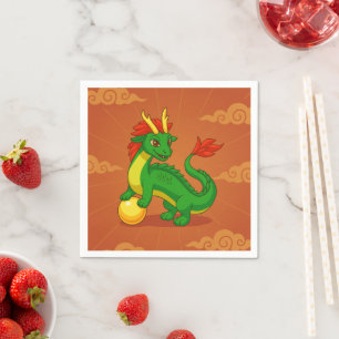 Green Chinese Dragon on Red Napkin