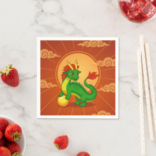 Green Chinese Dragon on Red Napkin