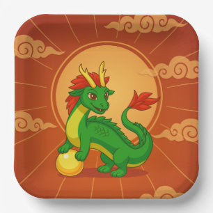Green Chinese Dragon on Red Paper Plate