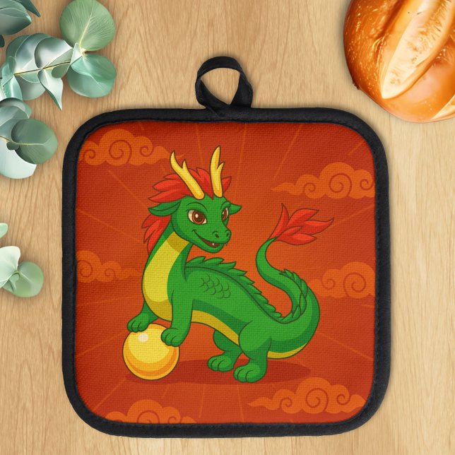Green Chinese Dragon on Red Pot Holder (Creator Uploaded)