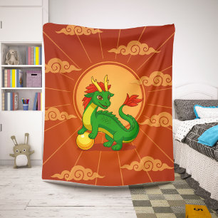 Green Chinese Dragon on Red Sherpa Blanket