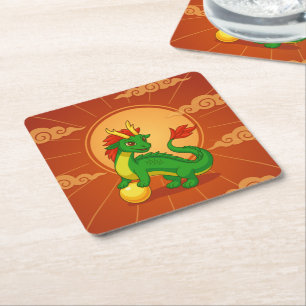 Green Chinese Dragon on Red Square Paper Coaster