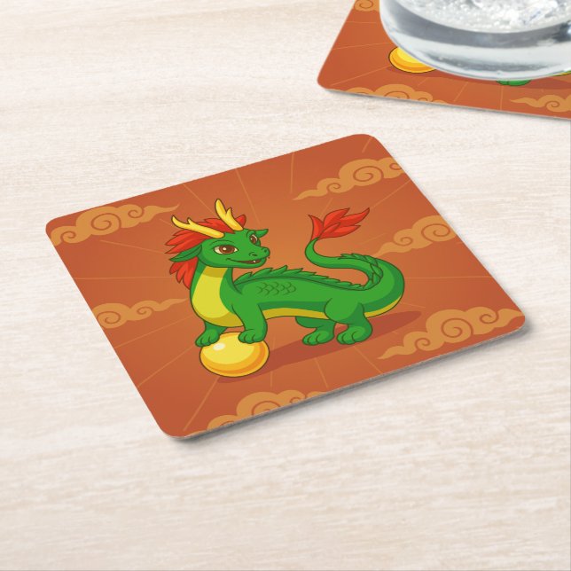Green Chinese Dragon on Red Square Paper Coaster (Angled)
