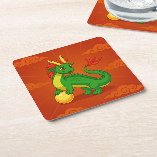 Green Chinese Dragon on Red Square Paper Coaster (Angled)