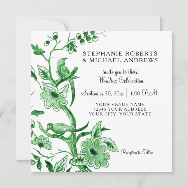 Green Chinoiserie Asian China Floral Watercolor Invitation (Front)