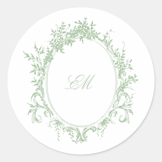 Green Chinoiserie Monogram Crest Wedding Logo Classic Round Sticker (Front)