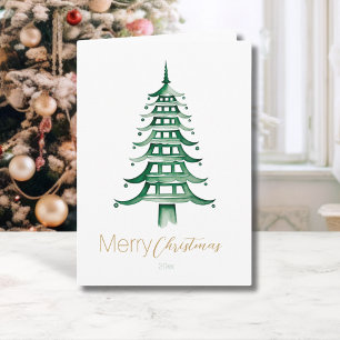 Green Chinoiserie Pagoda Christmas Tree Card