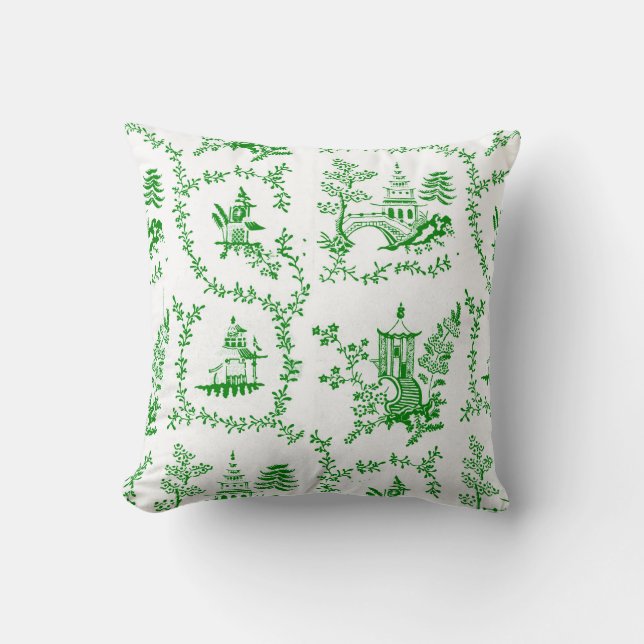 Green Chinoiserie Pagoda Cushion (Front)
