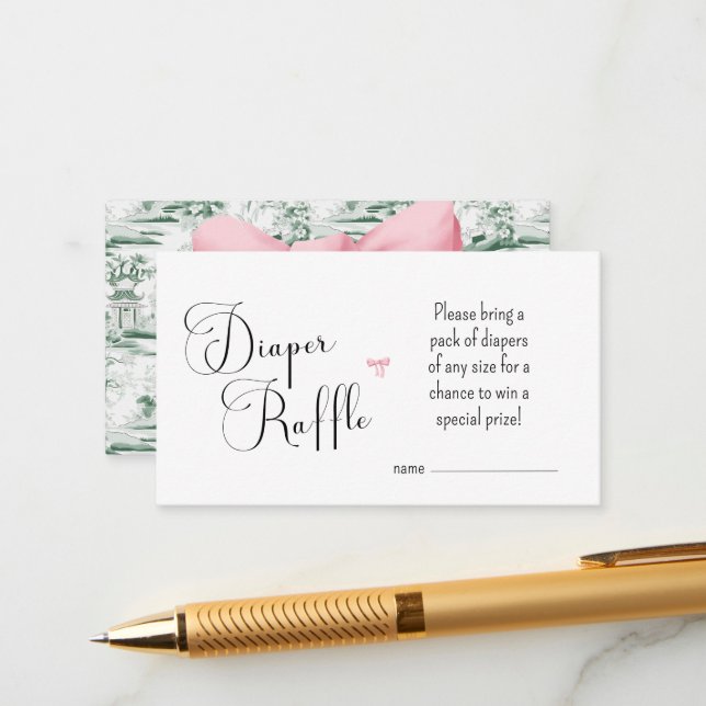 Green Chinoiserie Pink Bow Diaper Raffle Card (Front/Back In Situ)