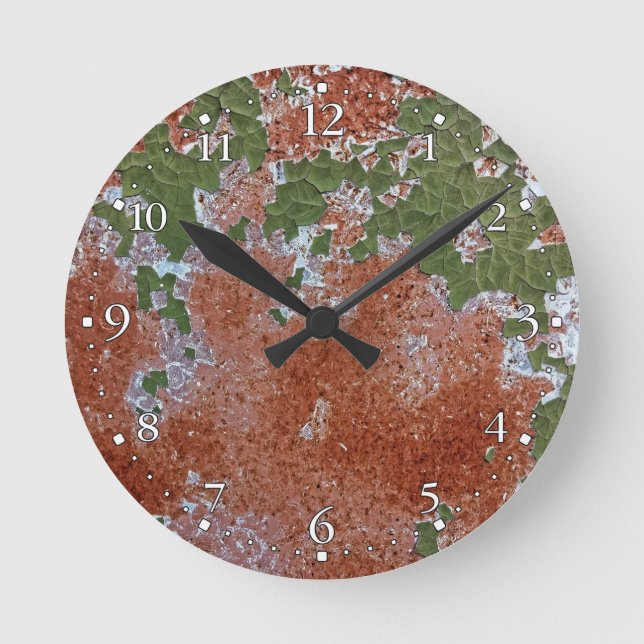 Green Chipping Paint Rusted Metal Round Clock (Front)