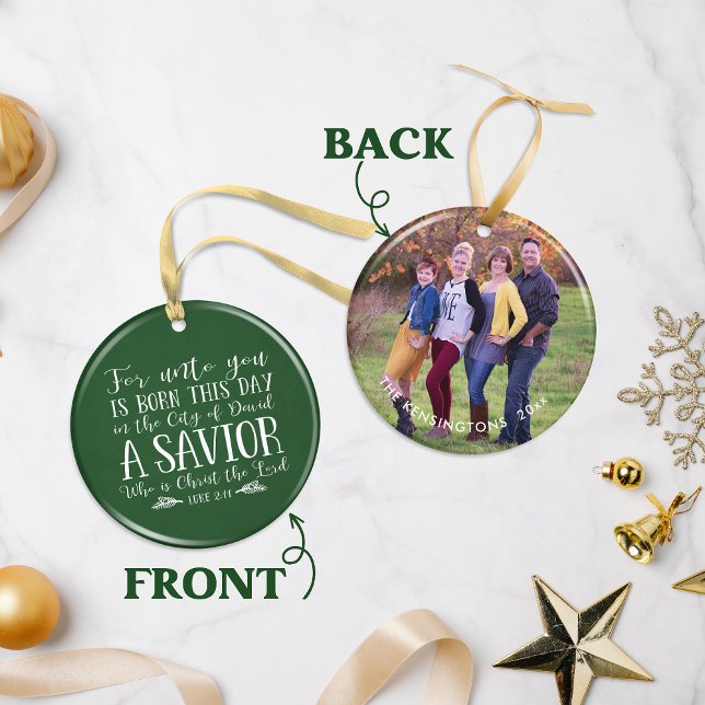 Green Christian Christmas Typography Holiday Photo Ceramic Tree Decoration (Green Christian Christmas Typography Holiday Photo Ceramic Ornament)