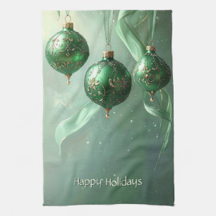 Green Christmas Ball Holiday Tea Towel