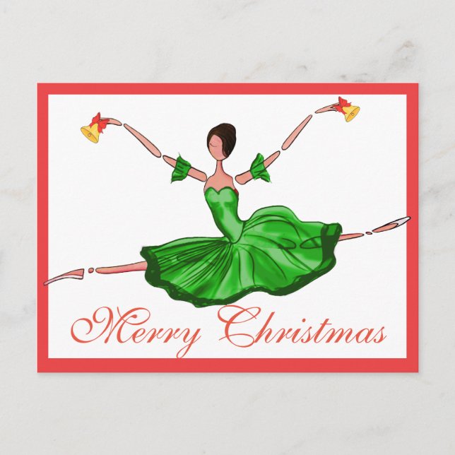 Green Christmas Ballet Card, Christmas Ballerina Holiday Postcard (Front)