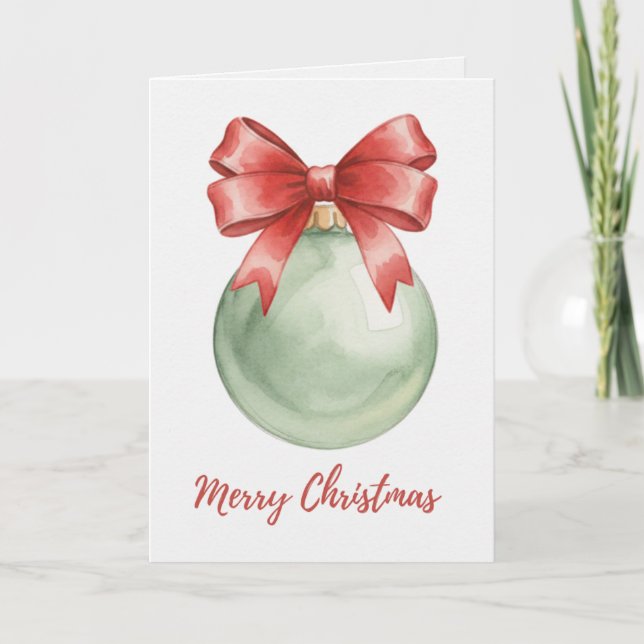Green Christmas Bauble with Red Bow Card (Front)