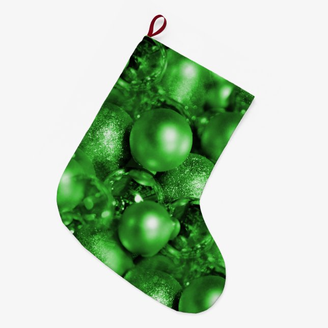 Green Christmas Baubles Large Christmas Stocking (Front (Hanging))