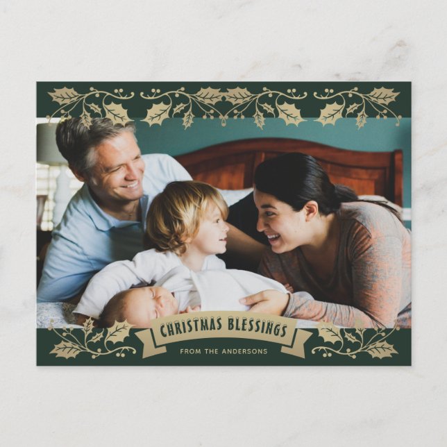 Green Christmas Blessings Christian Photo Holiday Postcard (Front)