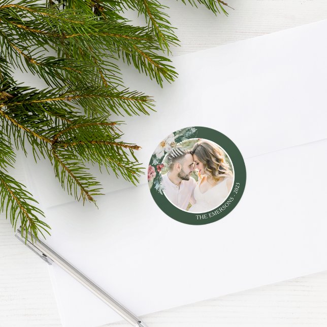 Green Christmas Botanical Photo Sticker (Green Holiday Envelope Seal Merry Christmas Watercolor Floral Botanical Berries with Photo)