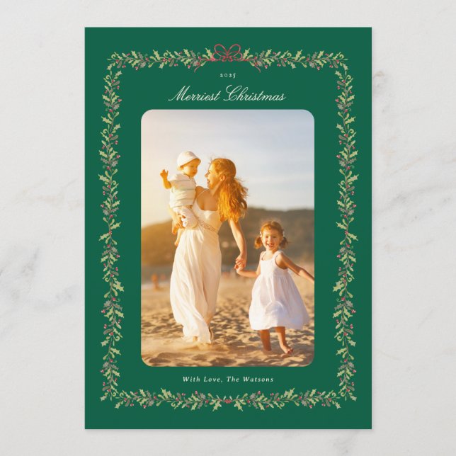 green christmas bow botanical frame photo  holiday card (Front)