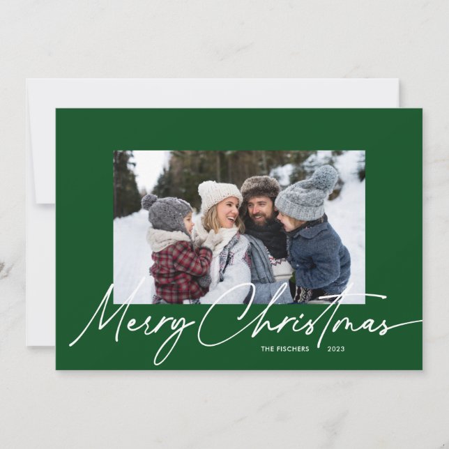 Green Christmas Calligraphy Script Simple 3 Photo Holiday Card (Front)