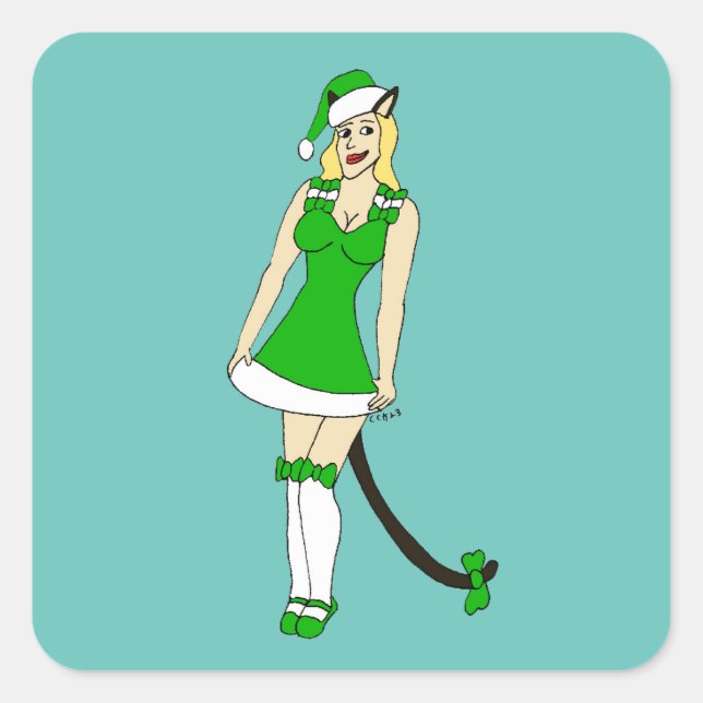 Green Christmas catgirl Square Sticker (Front)