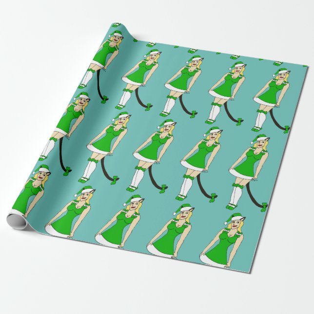 Green Christmas catgirl Wrapping Paper (Unrolled)