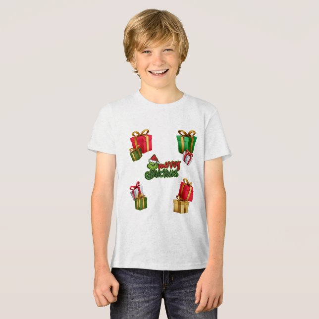 Green Christmas Creature with Gift Boxes Tri-Blend Shirt (Front Full)