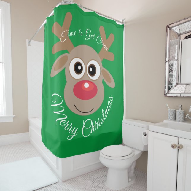 Green Christmas Cute Cartoon Reindeer Script Shower Curtain (In Situ)