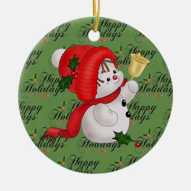 Green Christmas Cute Snowman Ceramic Ornament (Front)
