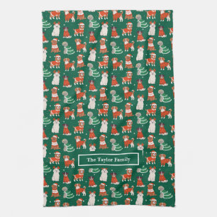 Green Christmas Dogs Personalised Tea Towel