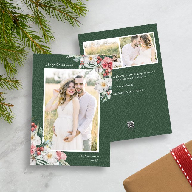 Green Christmas Elegant Photo Collage Holiday Card (Green Merry Christmas Photo Collage Holiday Card with Elegant Watercolor Botanical Florals Berries)