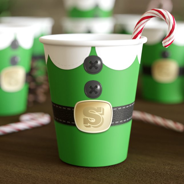 Green Christmas Elf Costume Holiday Paper Cups (Fun and festive paper cups inspired by a Christmas elf. Just add your initial to the belt)