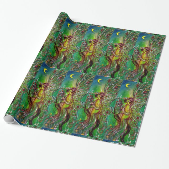 GREEN CHRISTMAS FAIRY ,GOLD SPARKLES IN MOONLIGHT WRAPPING PAPER (Unrolled)
