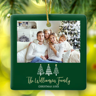 Green Christmas Family Photo Festive Trees Script Ceramic Ornament