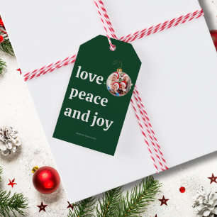 Green Christmas Family Photo Love Peace Joy Gift Tags