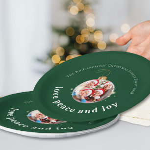 Green Christmas Family Photo Love Peace Joy Paper Plate