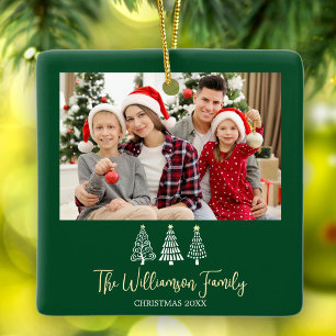 Green Christmas Family Photo Trees Playful Script Ceramic Ornament