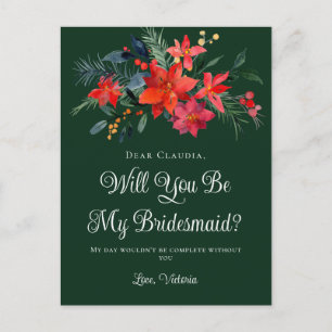 Green Christmas Floral Will You Be My Bridesmaid Postcard