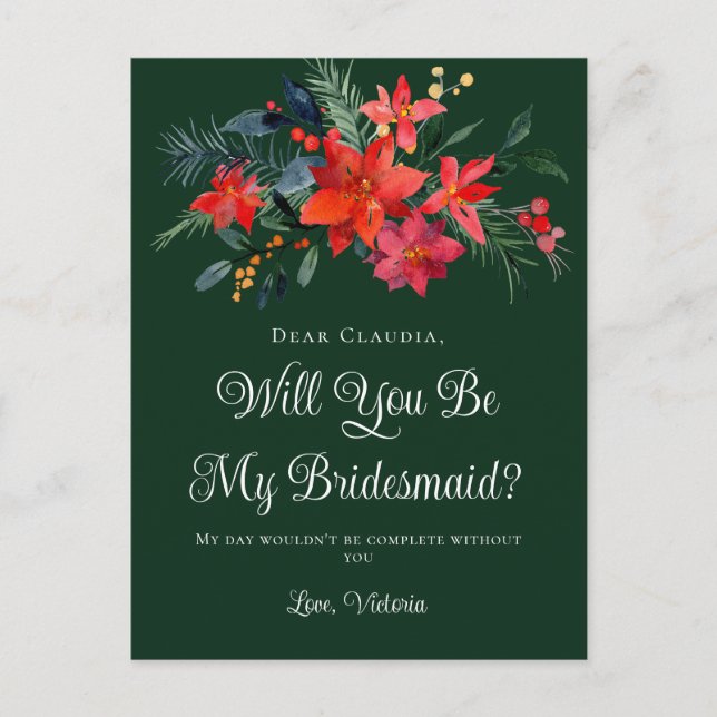 Green Christmas Floral Will You Be My Bridesmaid Postcard (Front)