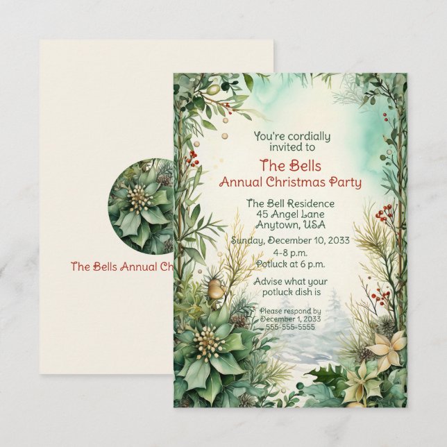 Green Christmas Flowers Annual Christmas Party  Invitation (Front/Back)