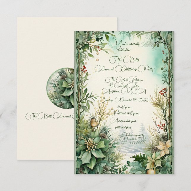 Green Christmas Flowers Annual Christmas Party  Invitation (Front/Back)