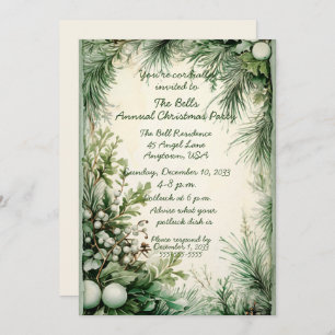 Green Christmas Flowers Annual Christmas Party  Invitation