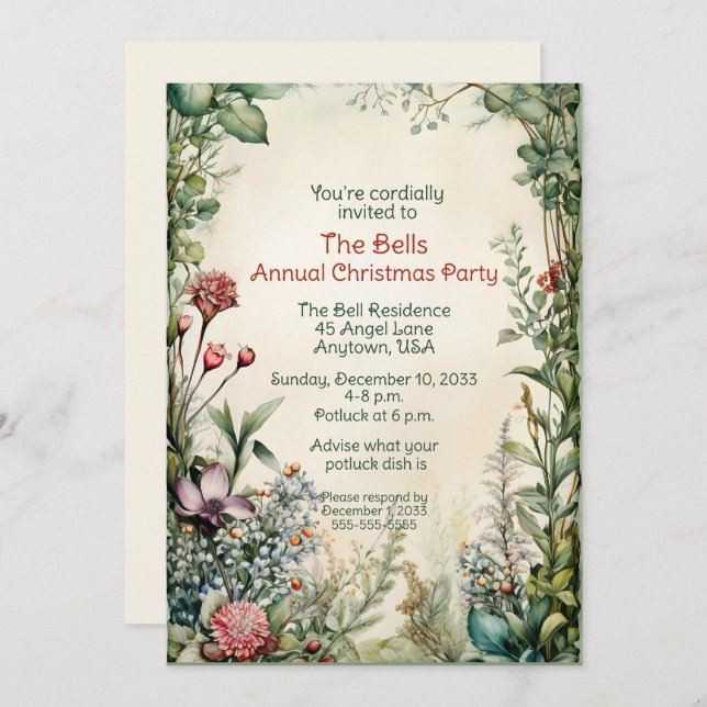 Green Christmas Flowers Annual Christmas Party  Invitation (Front/Back)