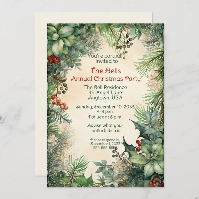 Green Christmas Flowers Annual Christmas Party  Invitation (Front/Back)