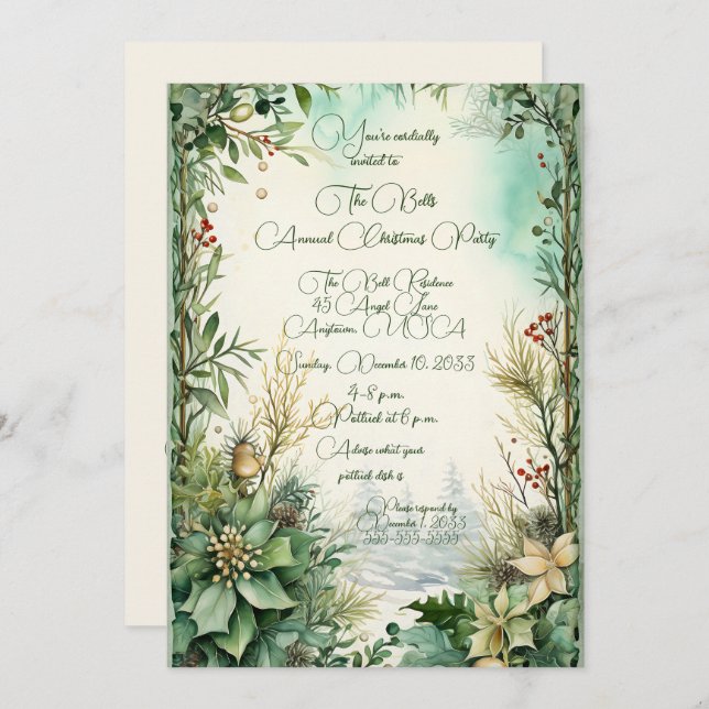 Green Christmas Flowers Annual Christmas Party  Invitation (Front/Back)