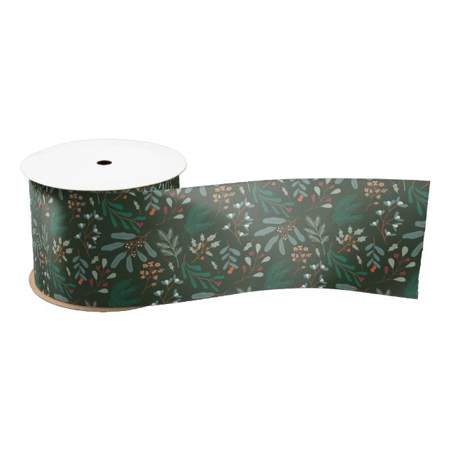 Green Christmas Foliage pattern Satin Ribbon (Spool)