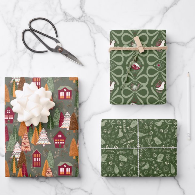 Green Christmas Forest Village Birds Houses Wrapping Paper Sheet (Front)
