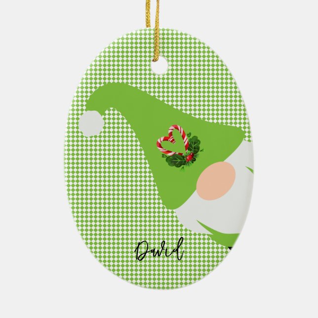 green christmas gnome pattern name checker fun ceramic tree decoration (Back)